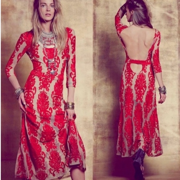 For Love and Lemons San Marcos Embroidered Lace Print Open Back Maxi Dress Red - Picture 9 of 10